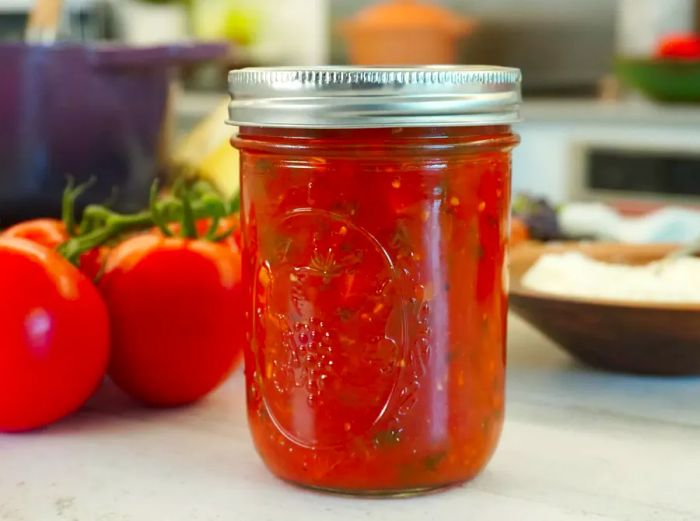 Homemade tomato sauce in a jar, with fresh tomatoes in the background