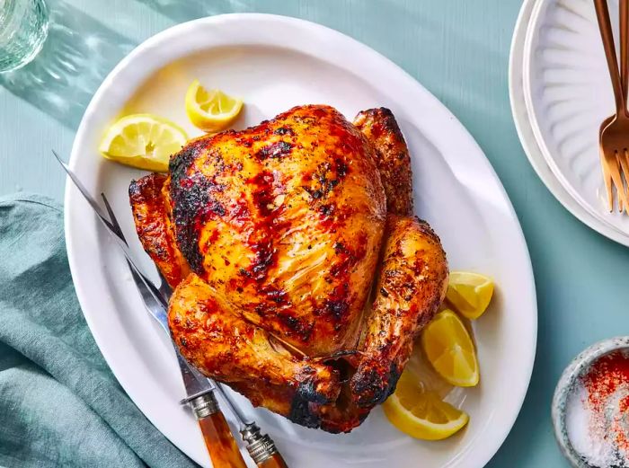 A whole rotisserie chicken served on a platter with carving utensils and fresh sliced lemons