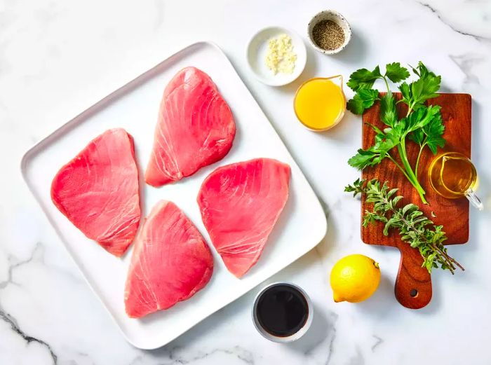 All ingredients ready to make marinated tuna steaks.