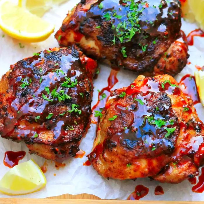 A high-angle view of three grilled chicken thighs glazed with harissa, served with lemon wedges