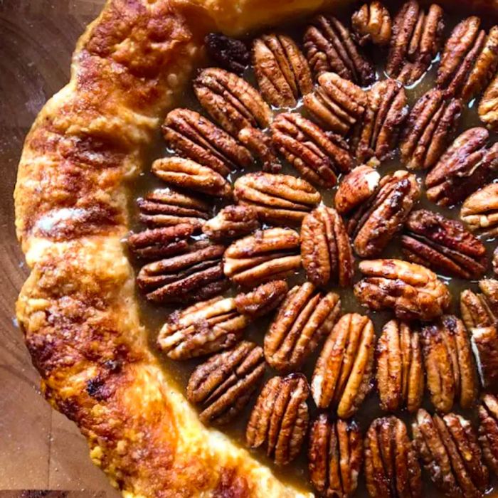 a close-up of a pecan pie