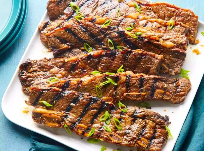 A plate of Korean BBQ short ribs garnished with freshly sliced scallions