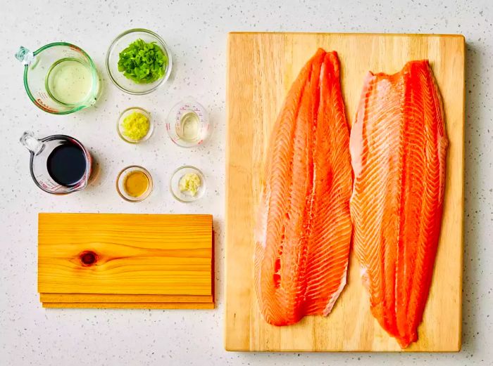 Ingredients for making cedar-plank salmon