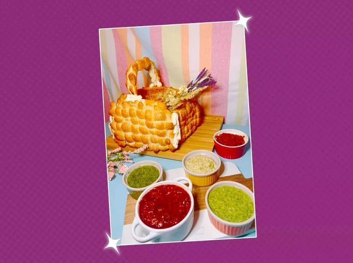 picnic basket and sauces on a purple background