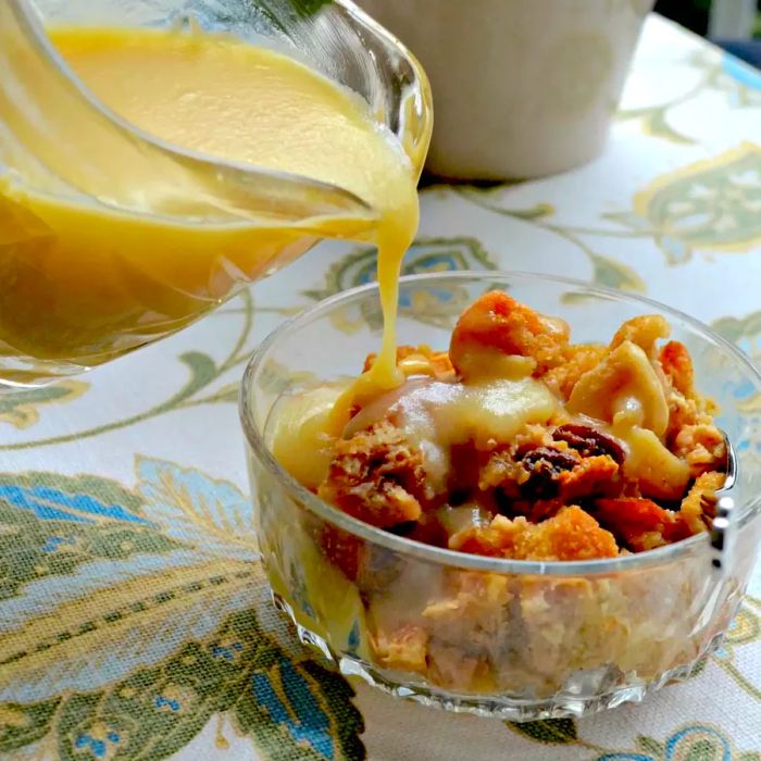 A cozy glass bowl of Gramma's Apple Bread Pudding