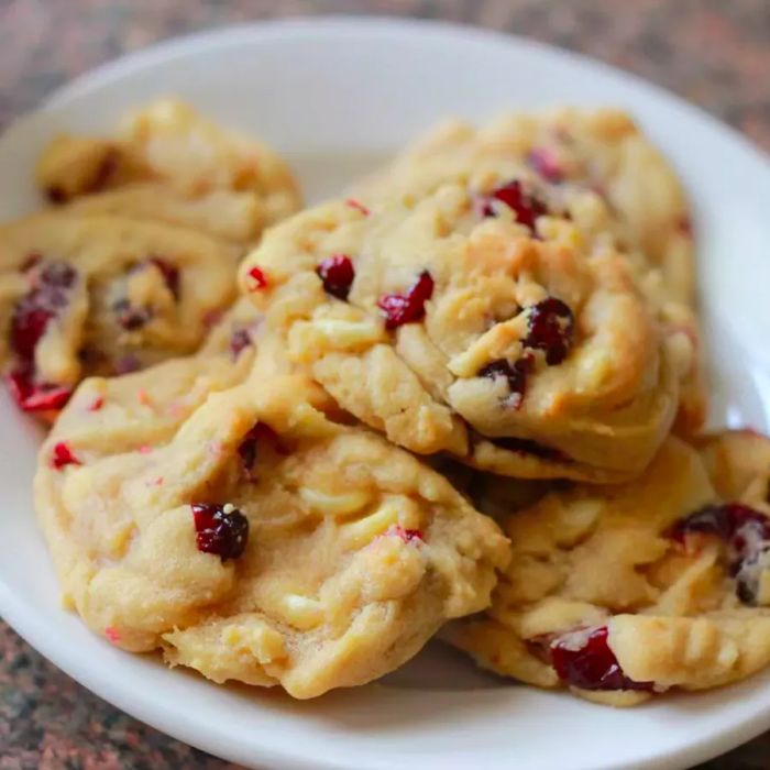 White Chocolate and Cranberry Cookies displayed on a white plate.