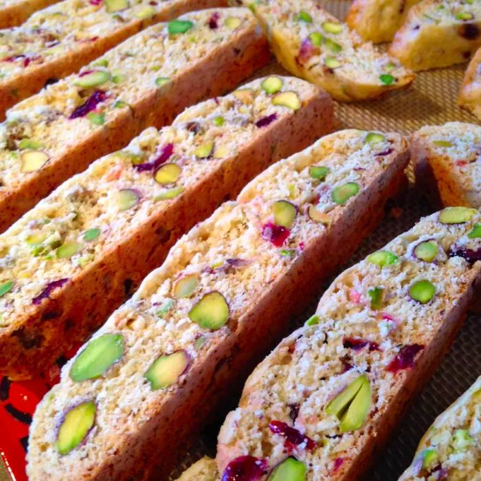 Cranberry Pistachio Biscotti Arranged Neatly