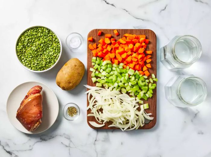 All ingredients assembled to prepare the split pea soup.