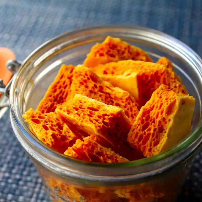 Honeycomb Toffee in a glass jar