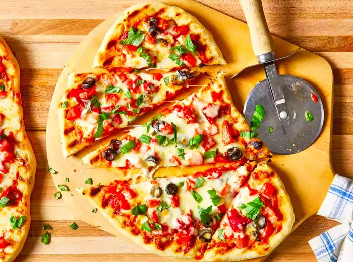 A shot of a sliced pizza on the grill, topped with a variety of delicious ingredients.