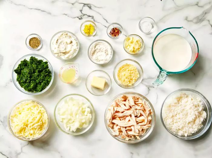 All ingredients prepared for the chicken and spinach casserole