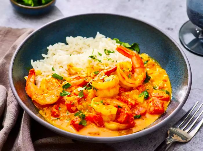 A bowl of Indian shrimp curry served with fluffy rice