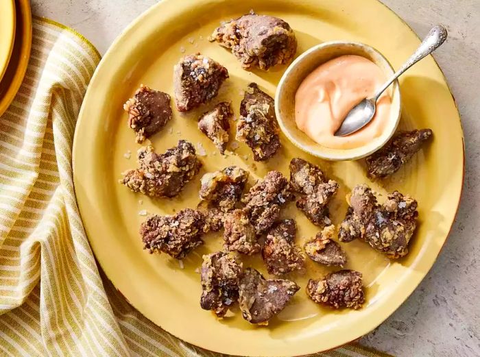 A platter of crispy Southern fried chicken livers, served with a side of dipping sauce.