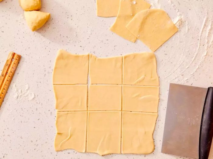 A thin sheet of wonton dough, rolled out and cut into nine even squares