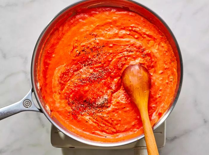 A pan of creamy tomato sauce with salt, pepper, and sugar being mixed in with a wooden spoon.