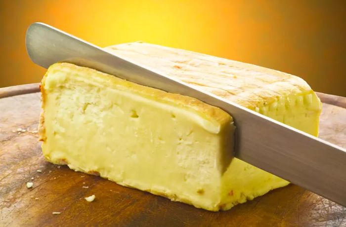 Taleggio cheese on cutting board, sliced