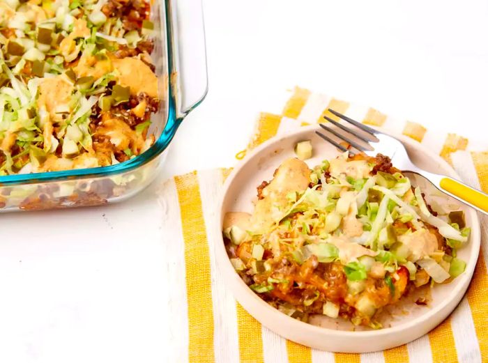 A cheesy Big Mac casserole, topped with fresh lettuce for that signature crunch.