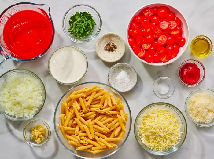 Ingredients for Creamy Pasta Bake with Cherry Tomatoes and Basil