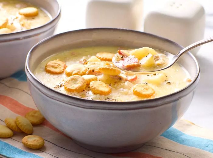 A close-up of a bowl of creamy clam chowder, garnished with crunchy oyster crackers