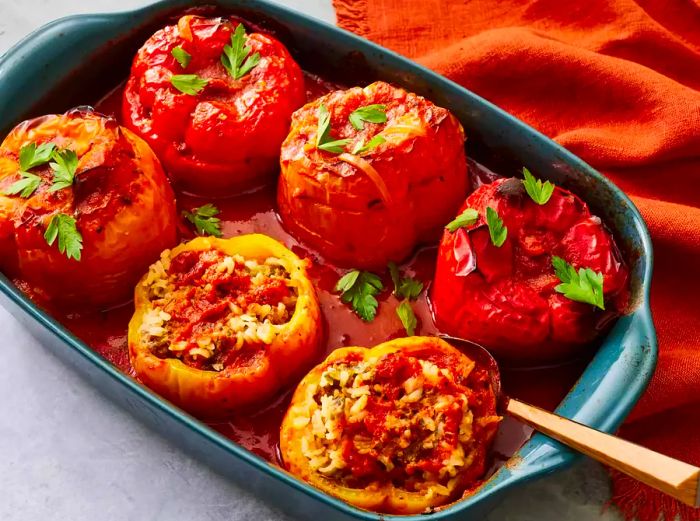 A baking dish with beef and rice stuffed bell peppers, topped with freshly chopped parsley.