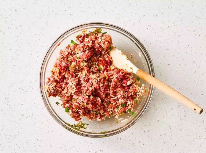 A large bowl containing a seasoned mixture of ground beef and rice.