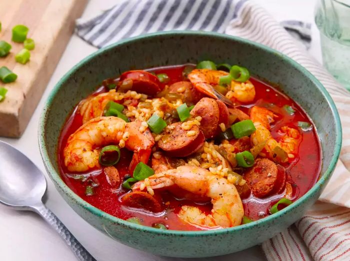 A bowl of Chef John's sausage and shrimp jambalaya, topped with fresh sliced green onions.