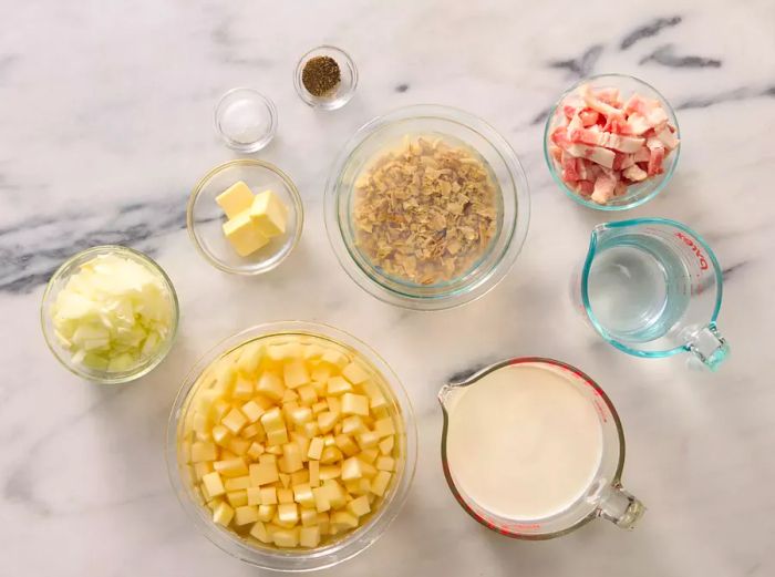 Ingredients prepared for making New England clam chowder