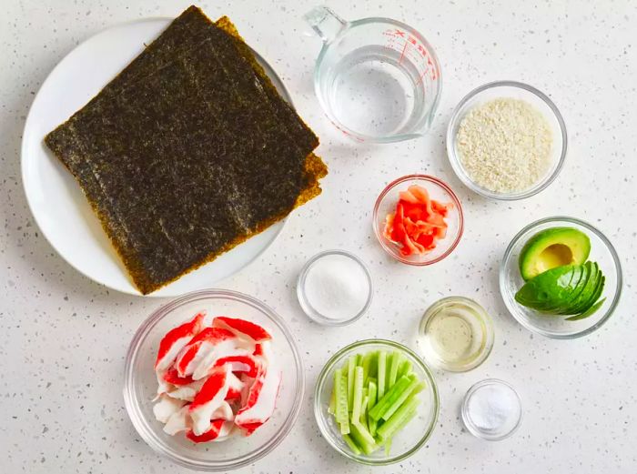 Aerial view showcasing all the ingredients needed to make homemade sushi