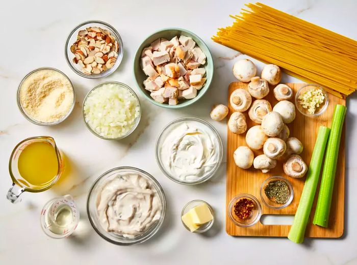 Ingredients prepared for easy turkey tetrazzini