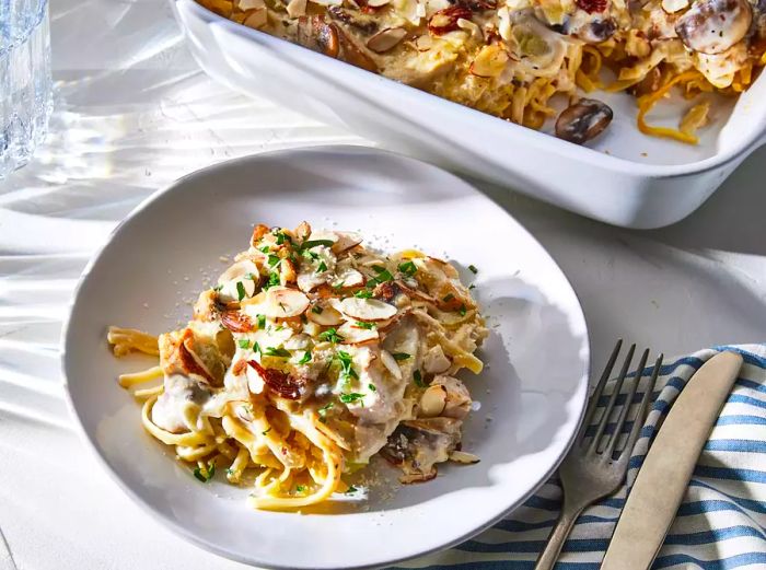 Close-up of a serving of turkey tetrazzini on a plate