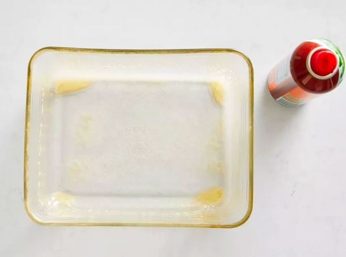 A 2-quart glass baking dish sprayed with nonstick cooking spray