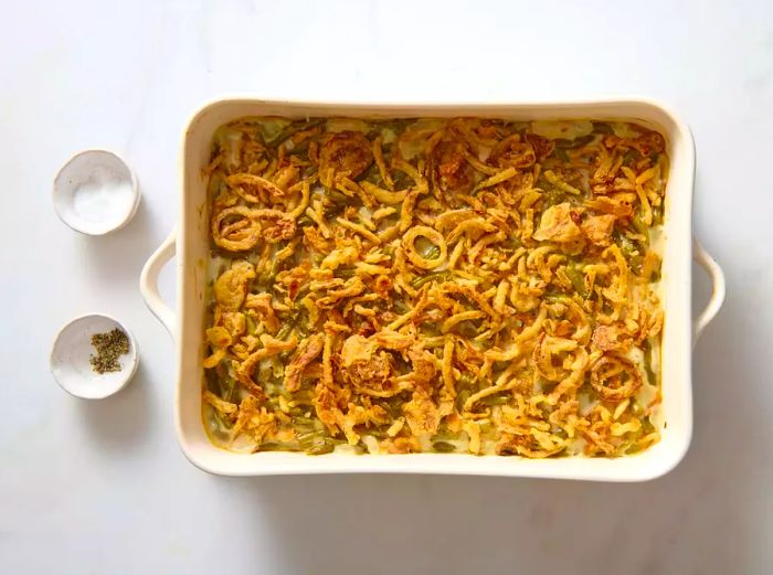 A golden-baked green bean casserole crowned with crispy fried onions.