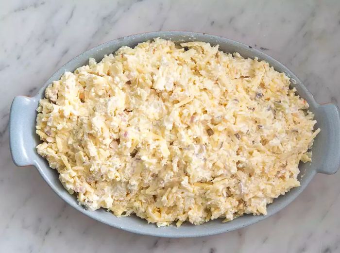 Unbaked Potatoes Romanoff ready for the oven