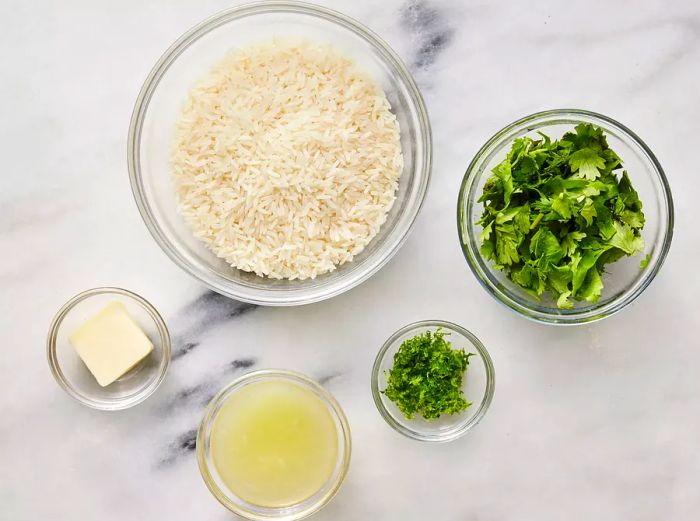 All ingredients are prepared and ready to make cilantro lime rice.