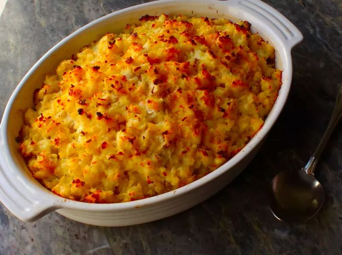 A top-down shot of Chef John’s Steakhouse Potatoes Romanoff nestled in an oval white baking dish, ready to serve.