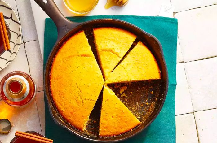 An overhead shot of grandmother's buttermilk cornbread, partially sliced in a round cast iron skillet