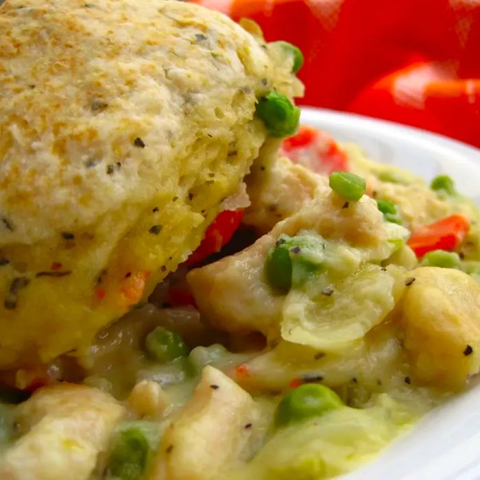 A close-up shot of a serving of Chicken and Biscuit Bake