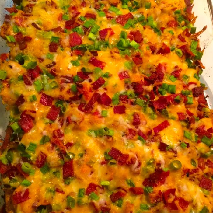 A close-up of Buffalo Chicken and Roasted Potato Bake