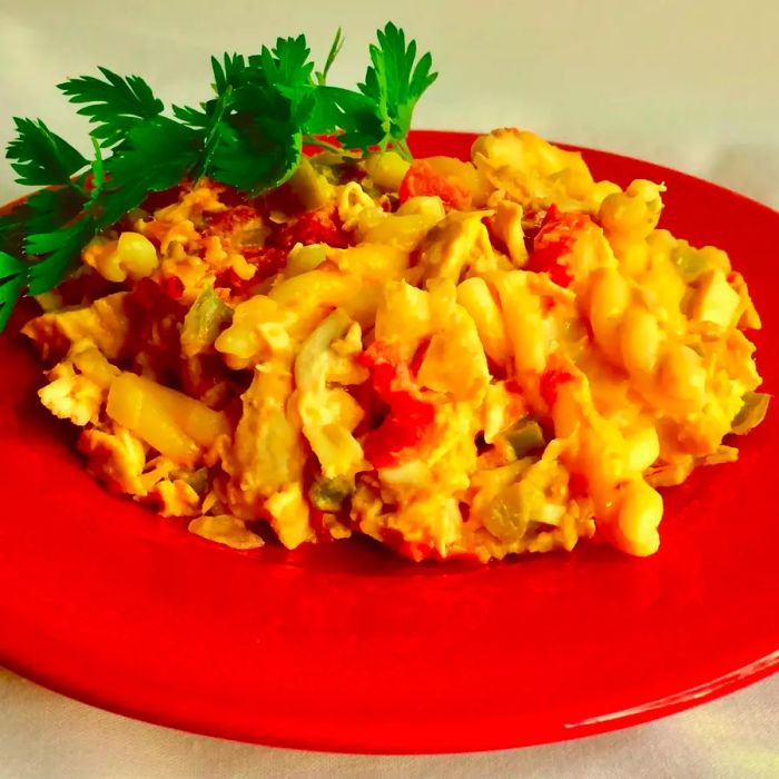 A serving of chicken casserole beautifully plated on a red dish.