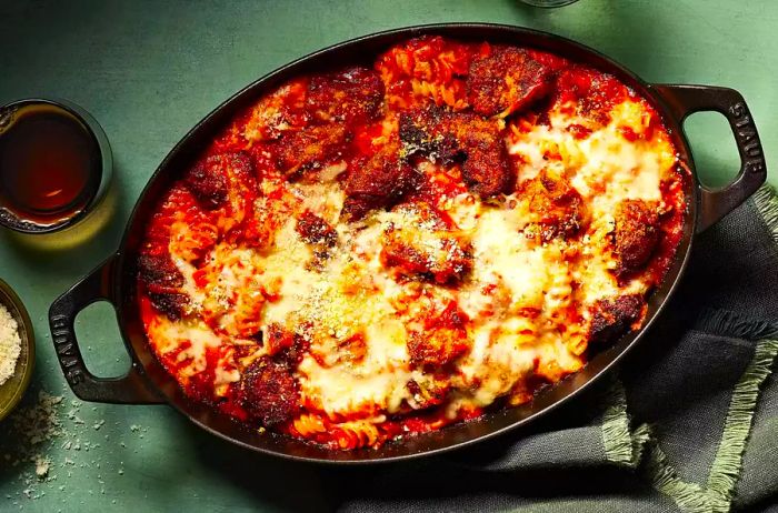 An overhead shot of the Chicken Parmesan Pasta Casserole served in a rustic oval cast iron baking dish.