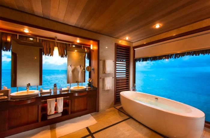 The Conrad Bora Bora Nui’s bathrooms are the epitome of luxury, leaving nothing to be desired.