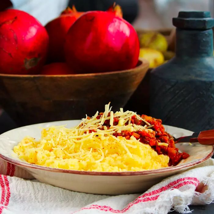 A side view of a shallow bowl of polenta, paired with a hearty tomato and lentil-based sauce.