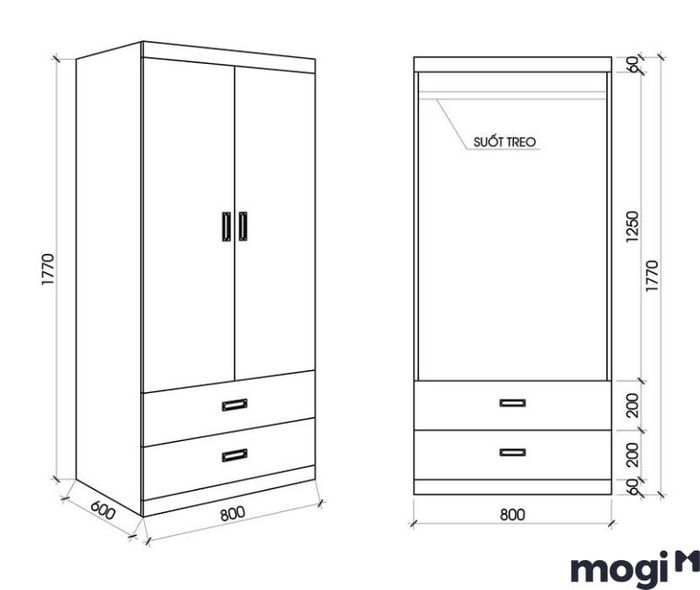 Kích thước tủ quần áo 2 cánh, 2 buồng phổ biến
