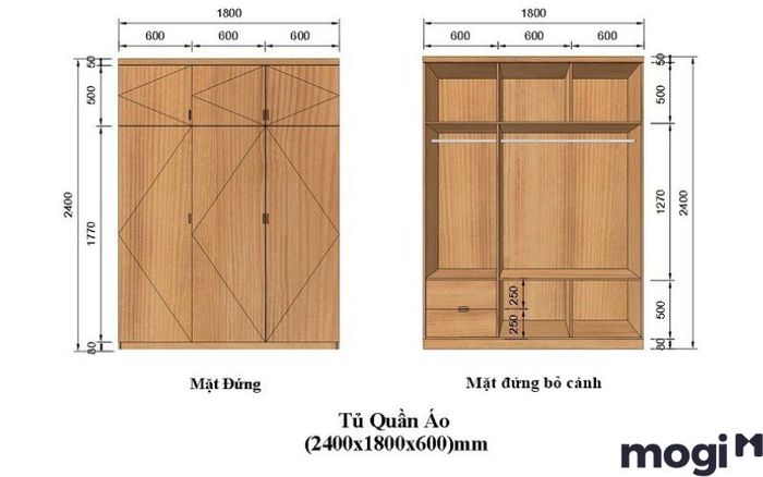 Kích thước chuẩn của tủ quần áo 3 cánh, 2 buồng