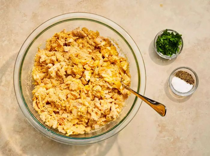 All ingredients being mixed together in a large bowl