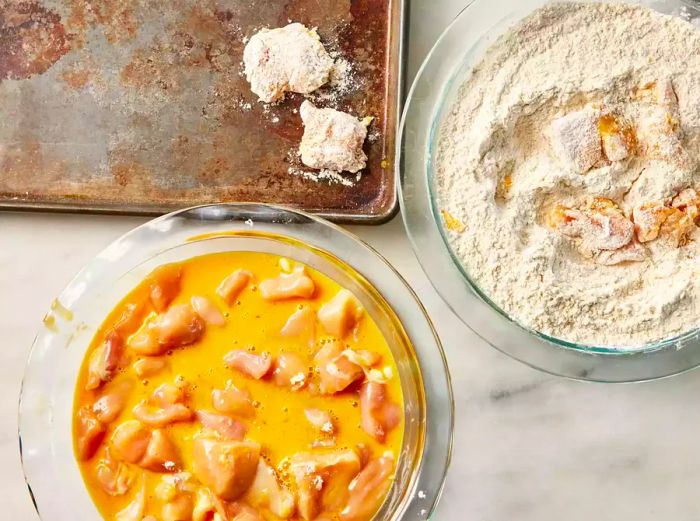 A bowl of beaten eggs with chicken pieces beside a dish of seasoned flour, alongside a baking sheet filled with flour-coated chicken.