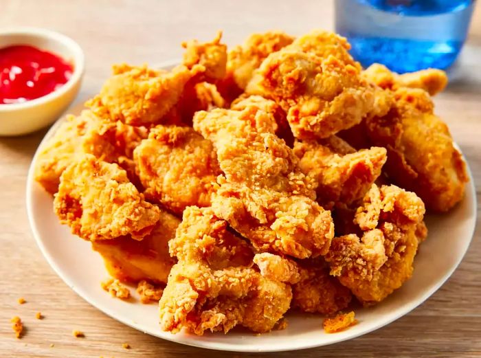 A plate stacked with crispy chicken nuggets, accompanied by a small dish of ketchup for dipping.