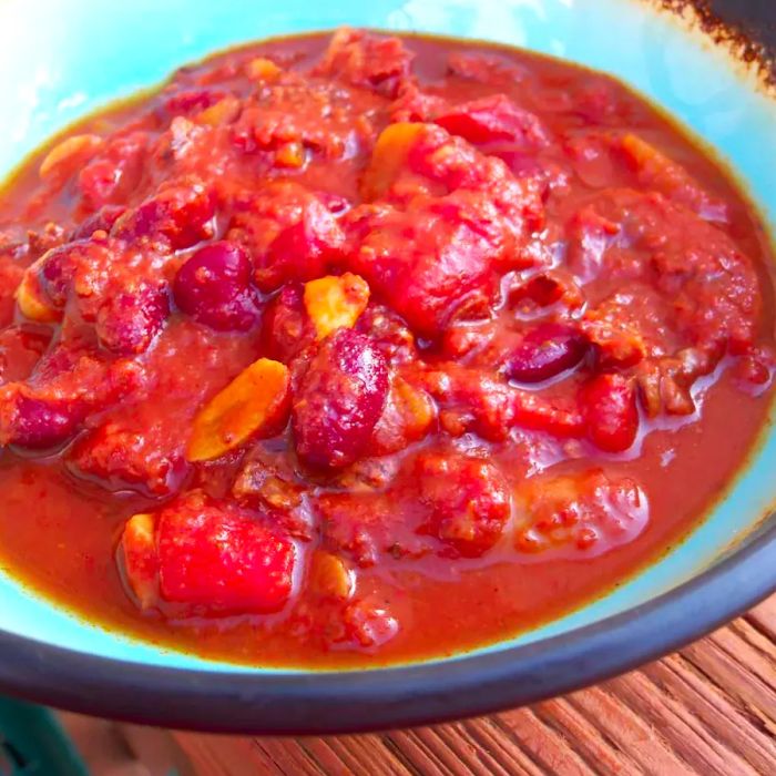 Italian-Style Chili served in a blue bowl
