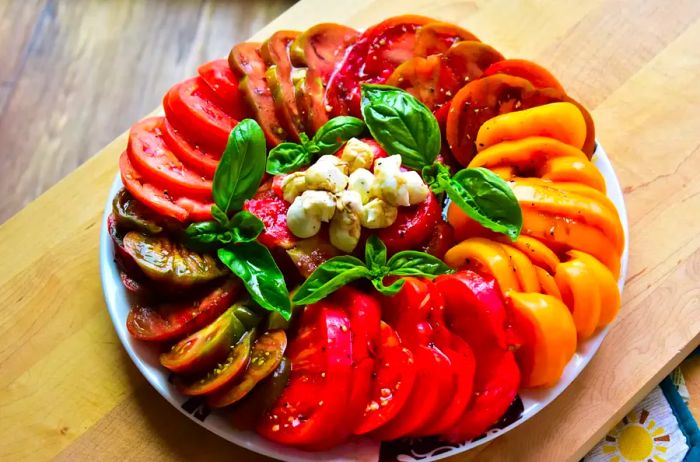 Heirloom tomatoes arranged on a plate with cheese and fresh basil