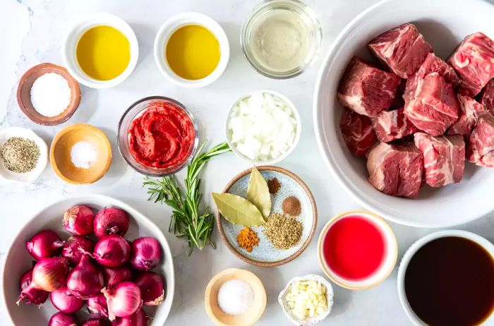 Ingredients needed to prepare Greek-Style Beef Stew (Stifado).
